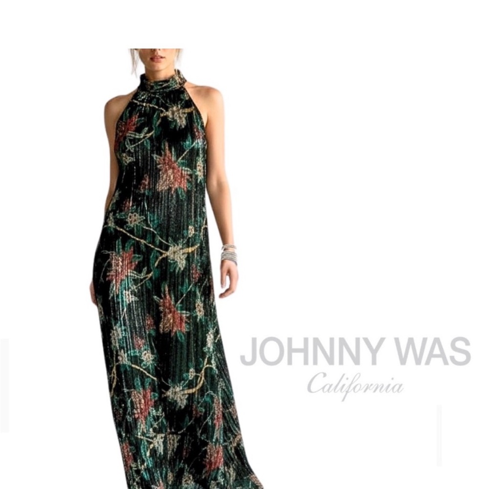 Johnny Was Black Floral Halter Maxi Dress with Green and Rust Accents